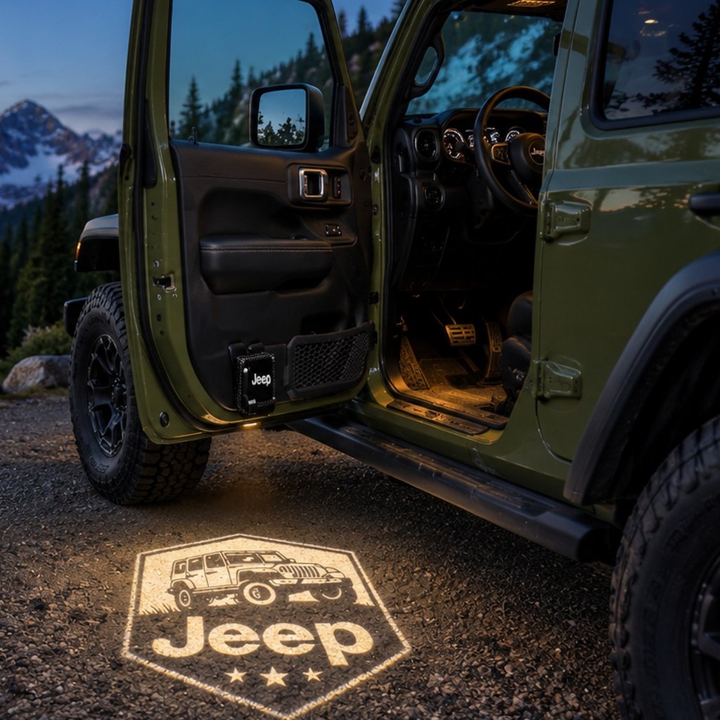 TrailGlow wireless door projector projecting a logo under an open Wrangler door