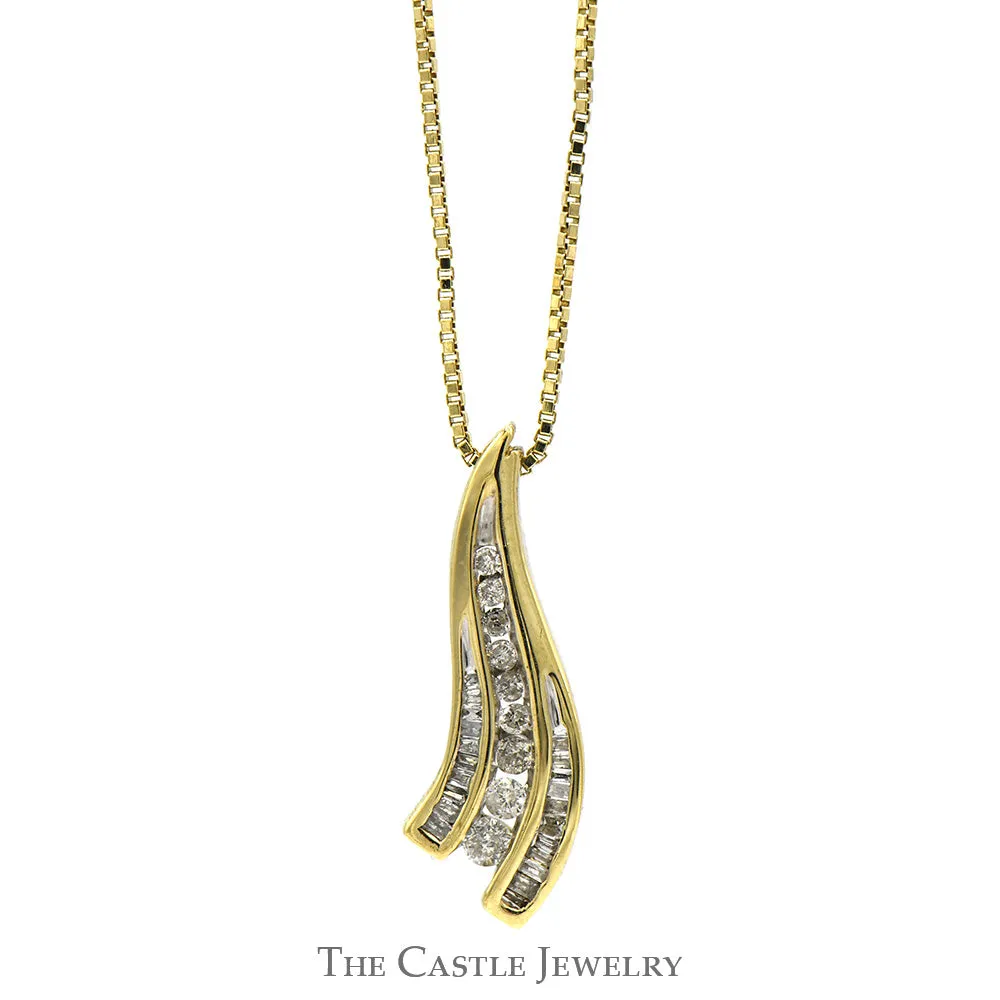 1/4cttw Round and Baguette Diamond Journey Pendant on Box Link Chain in 10k Yellow Gold