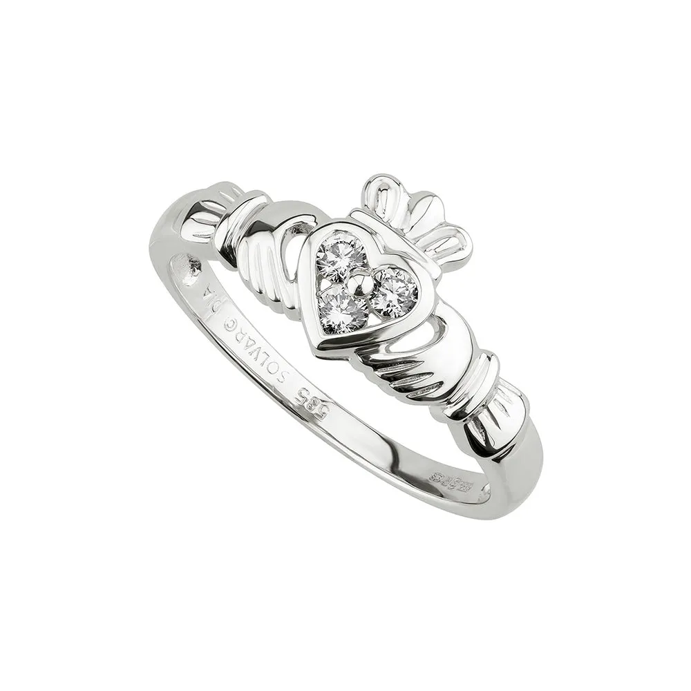 14k White Gold Diamond Claddagh Heart Ring