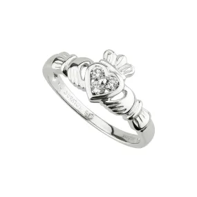 14k White Gold Diamond Claddagh Heart Ring