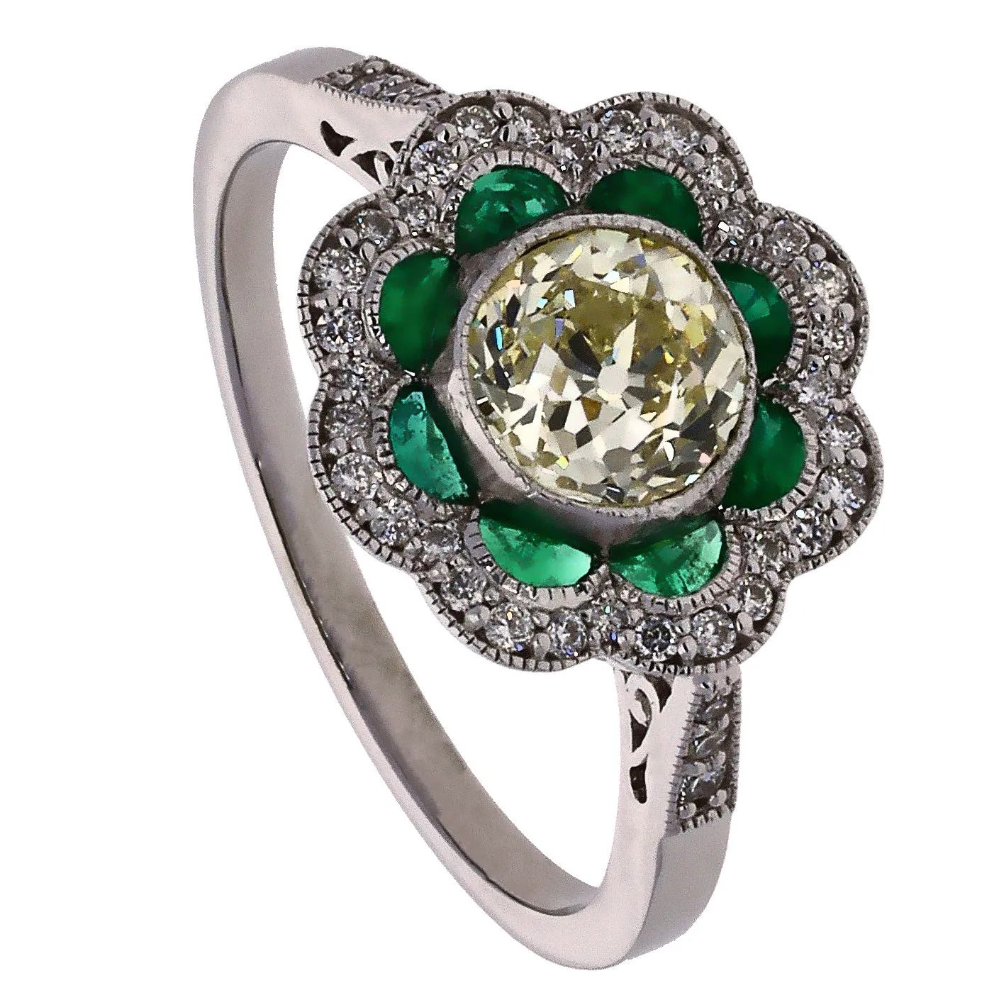 14K White Gold European Cut Diamond and Emerald Fashion Ring