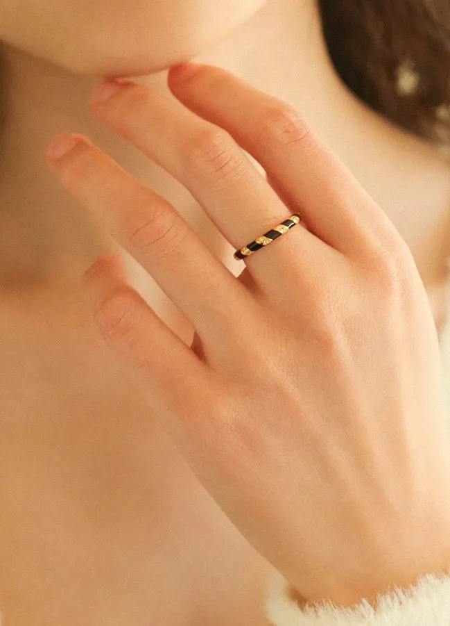 925 Silver Black and White Enamel Striped Ring