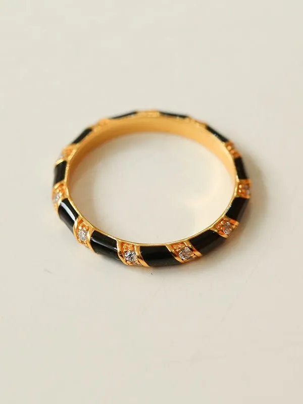 925 Silver Black and White Enamel Striped Ring