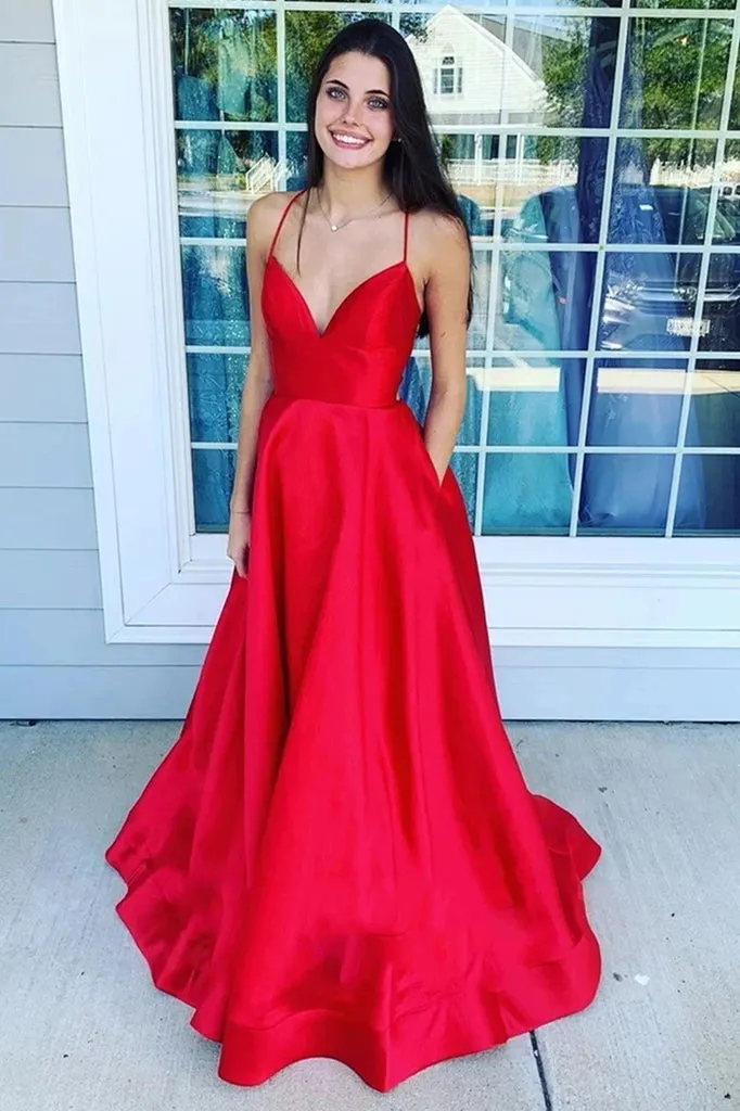 A Line V Neck Red Backless Prom Dresses with Pockets Formal Evening Dresses