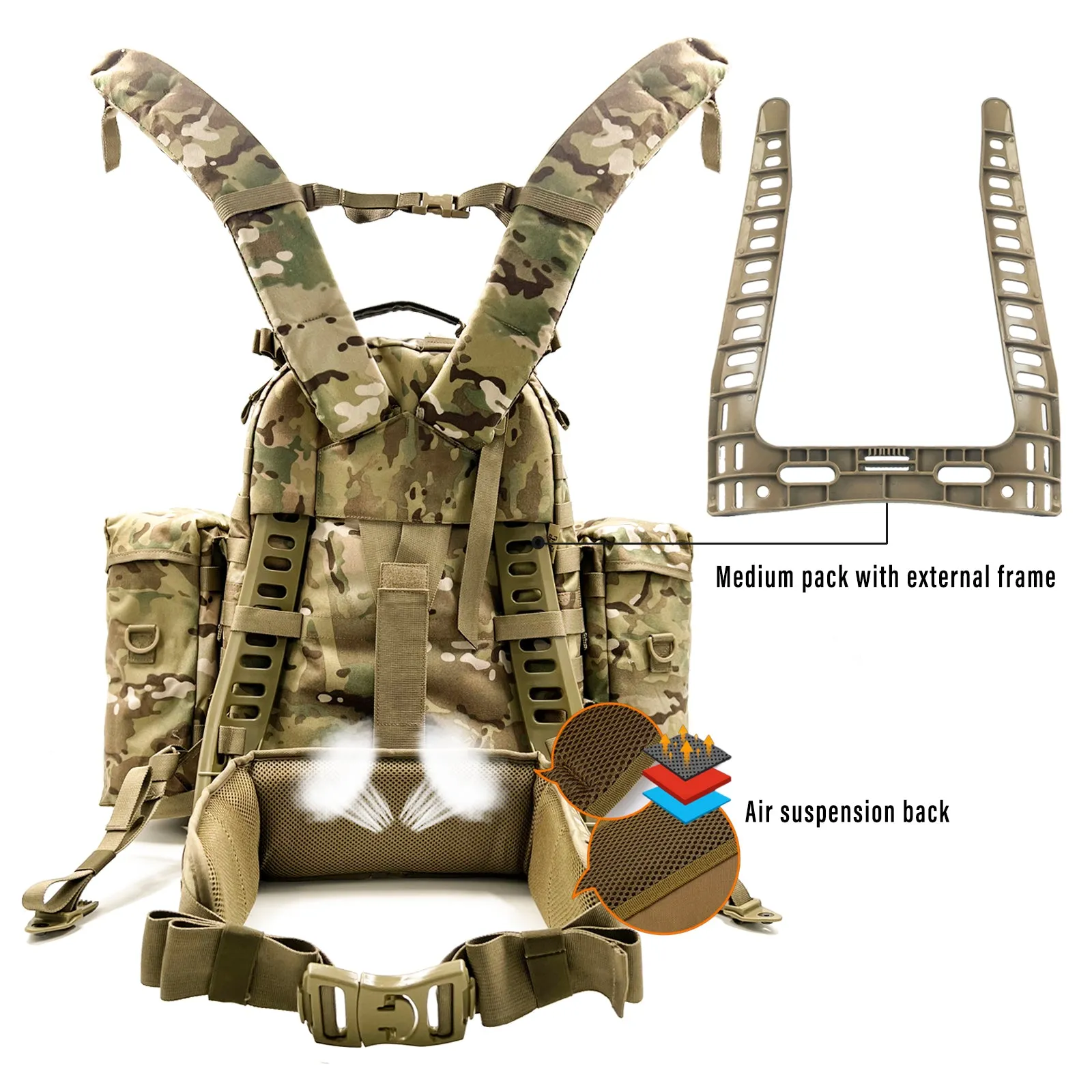 Akmax outdoor Backpack Rucksack, MOLLE 2 Medium Pack with Frame Multicam