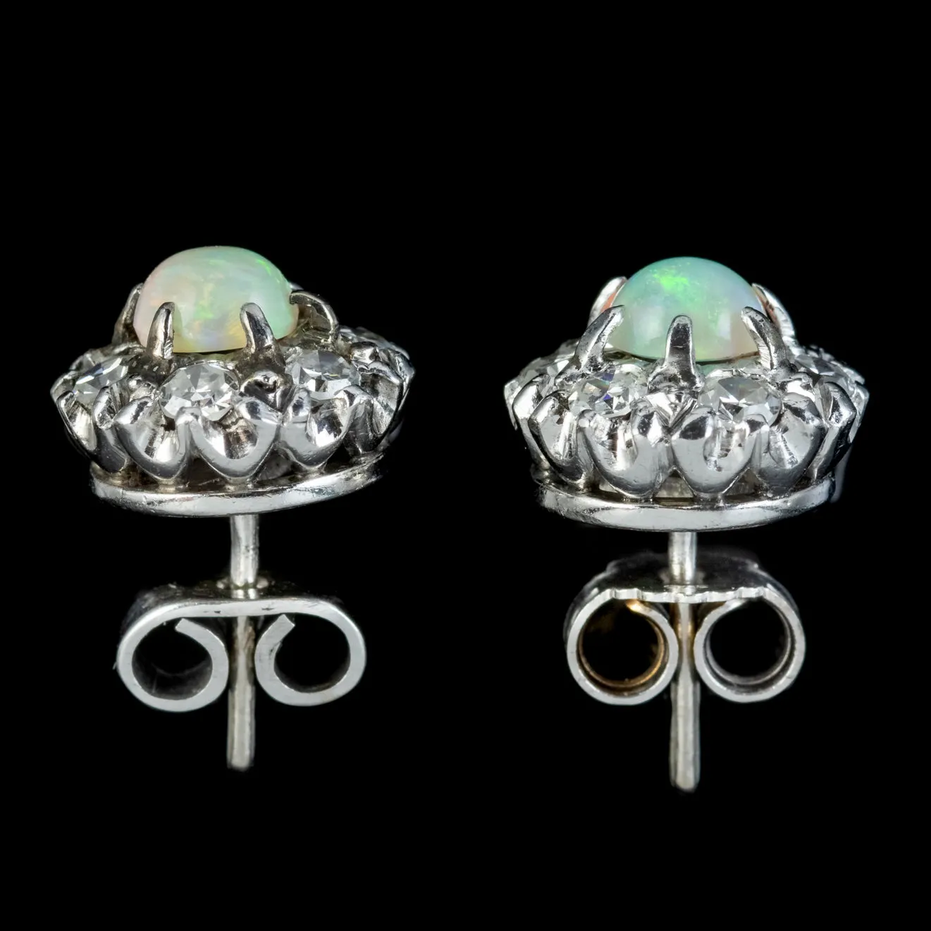 Antique Edwardian Opal Diamond Cluster Stud Earrings 9ct Gold 0.30ct Opals 0.60ct Of Diamond