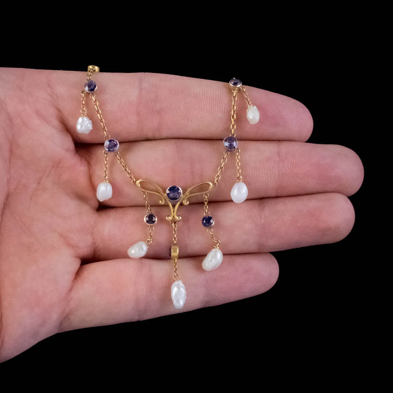 Antique Edwardian Sapphire Natural Pearl Lavaliere Necklace 15Ct Gold Circa 1915