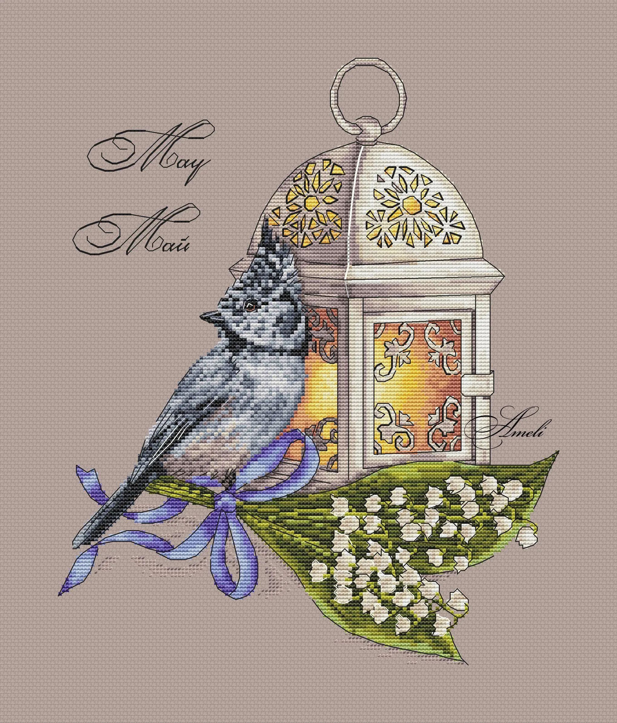 Bird with the Lamp. May. Calendar Series - PDF Cross Stitch Pattern