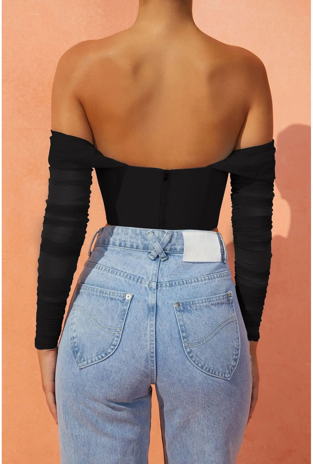 Black Corset Ruched Sleeve Crop Top