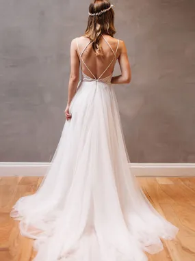 Bohemian V Neck Spaghetti Straps Backless Tulle Wedding Dresses OW669