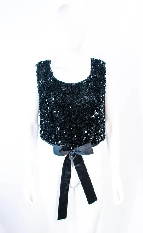 BONNIE WONG 1950s Black Sequin Applique Blouse Size 4-6