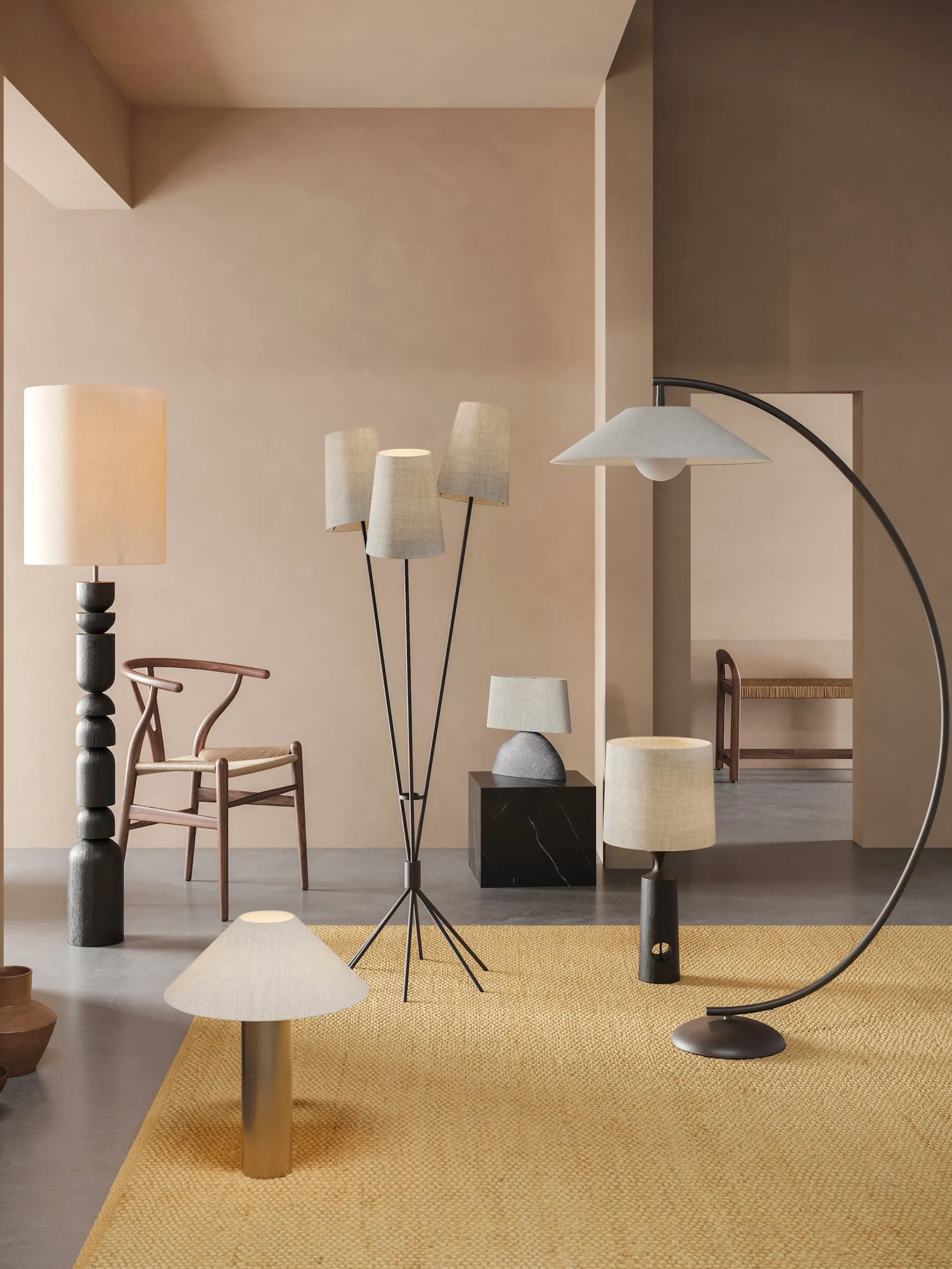 Circo - arc bronze and linen floor lamp