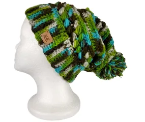 Crochet Slouch Hat with pom pom, Funky green, Made from wool on the outside and fleece on the inside