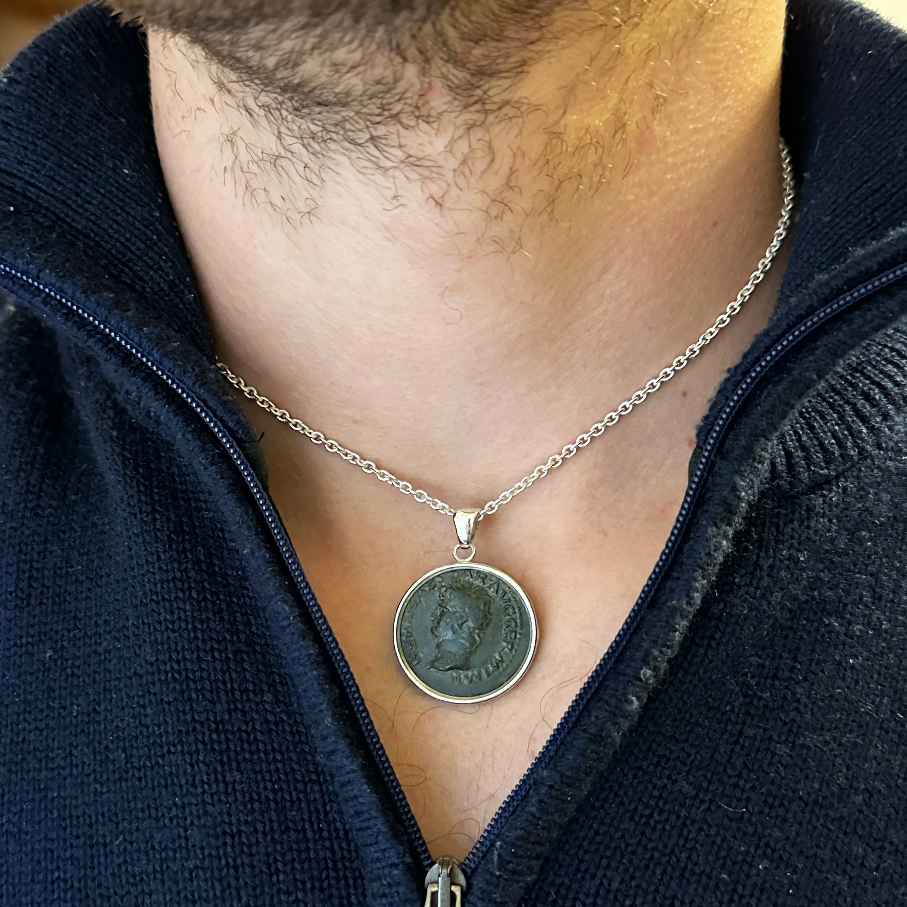 Emperor Nero bronze coin (1st cent.BC ) sterling silver pendant; Victory with shield in the reverse side