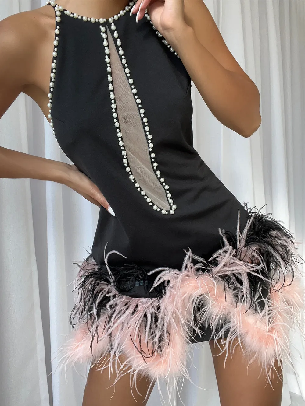 FERENE Feathers & Pearls Mini Dress