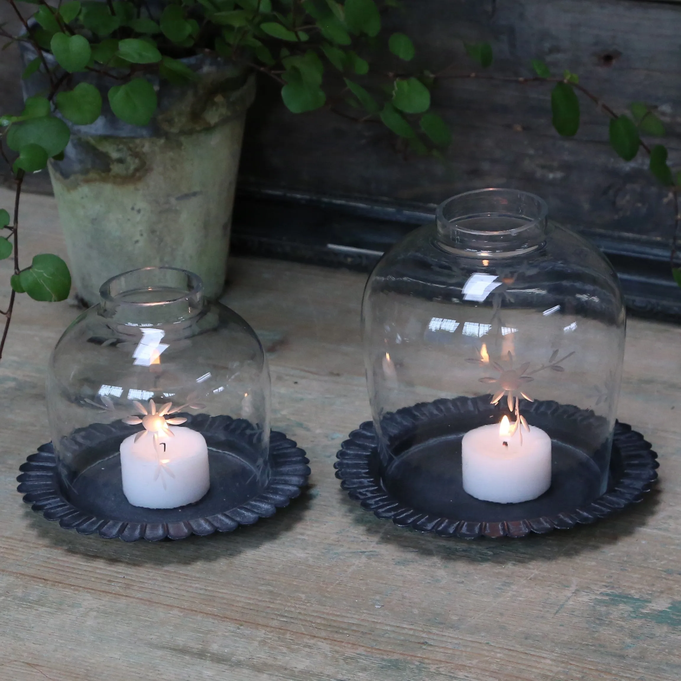 Glass Dome Tealight Lantern on Metal Plate