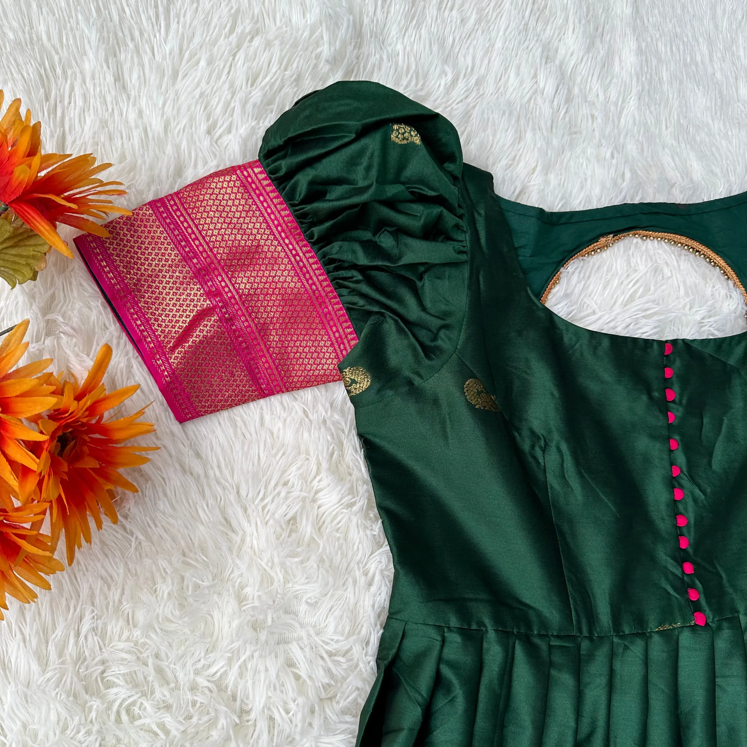 Graceful Harmony: Green Maxi Gown with Pink Kanchi Soft Silk Border