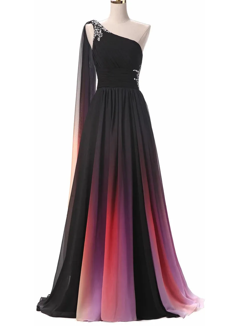 Gradient Long Prom Dresses One Shoulder Ombre Chiffon Evening Dress PO121