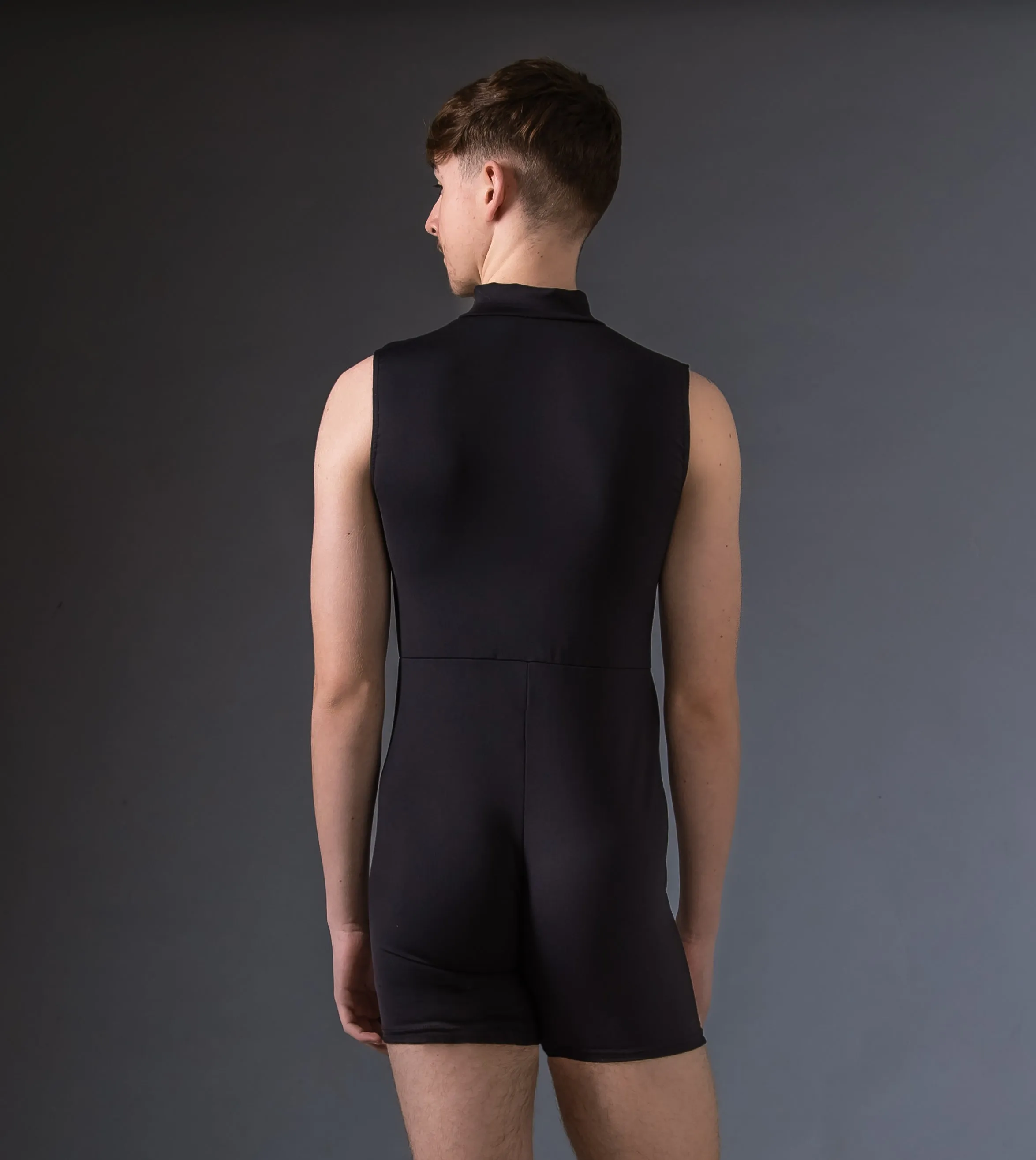 Mens Sleeveless Zip Front Unitard - Black