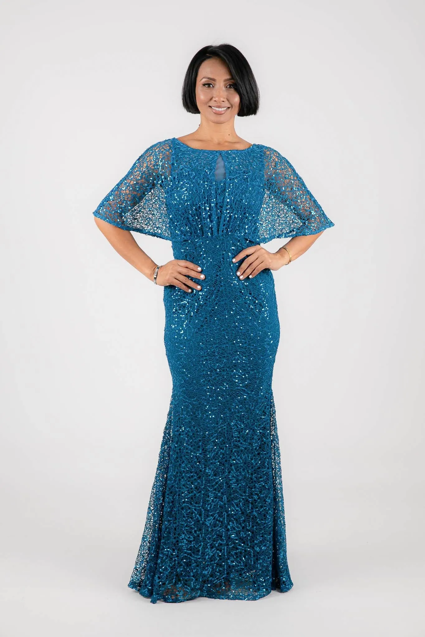 Opal Butterfly-Sleeve Sequin Maxi Dress - Teal