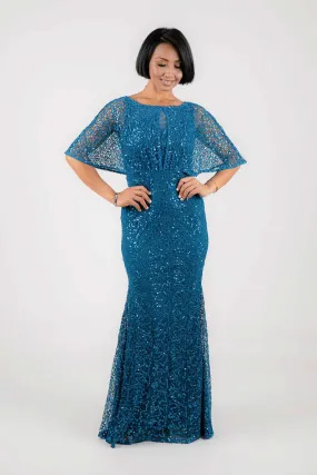 Opal Butterfly-Sleeve Sequin Maxi Dress - Teal