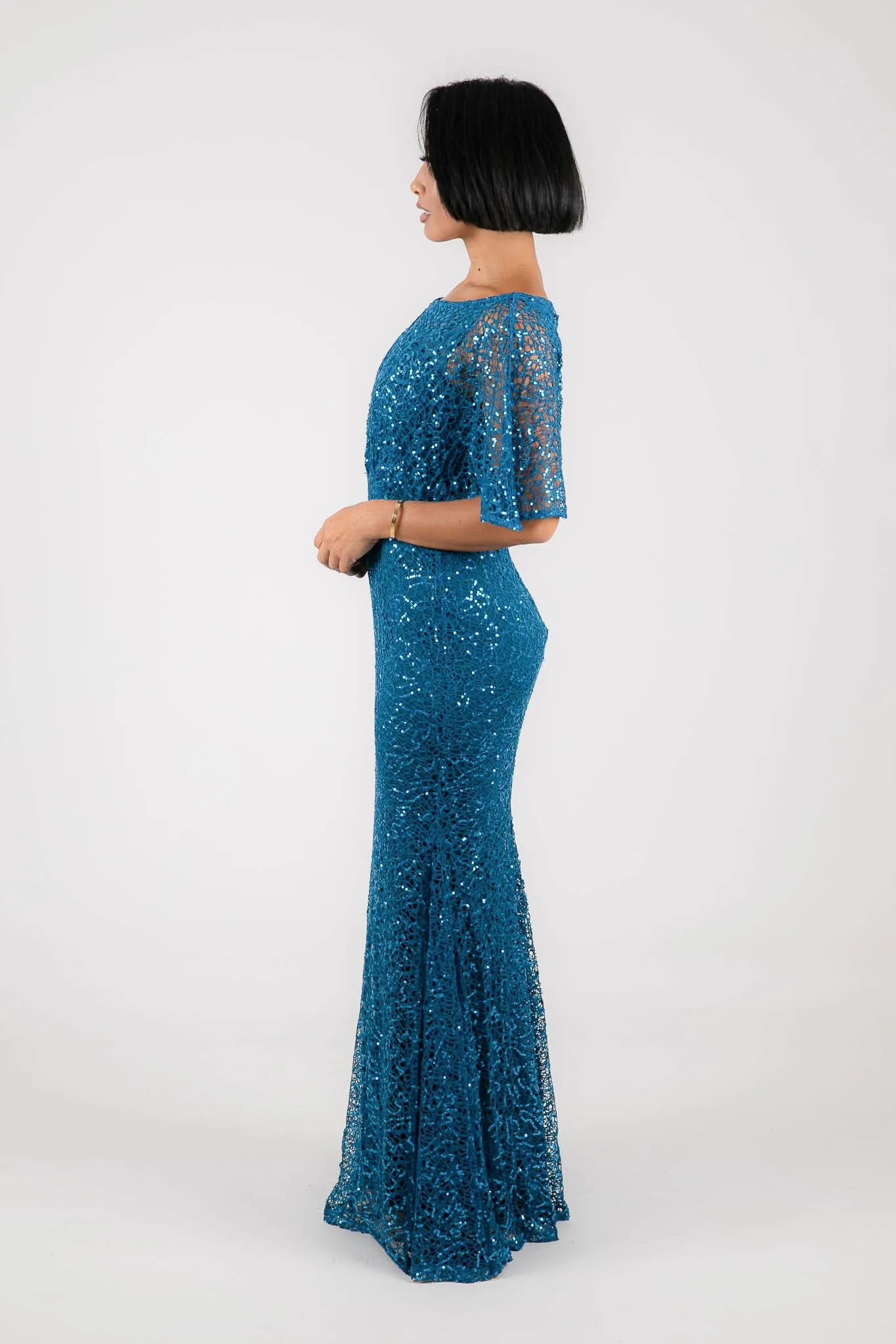 Opal Butterfly-Sleeve Sequin Maxi Dress - Teal