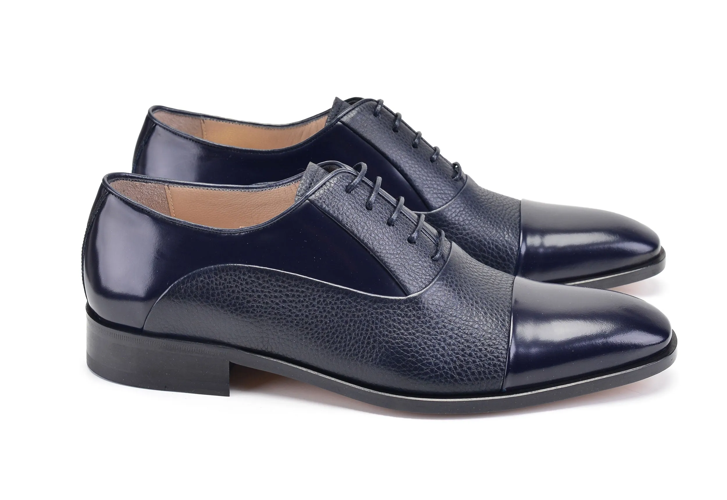 Pelle Deerskin & Polished Calfskin Lace-Up Oxford Navy