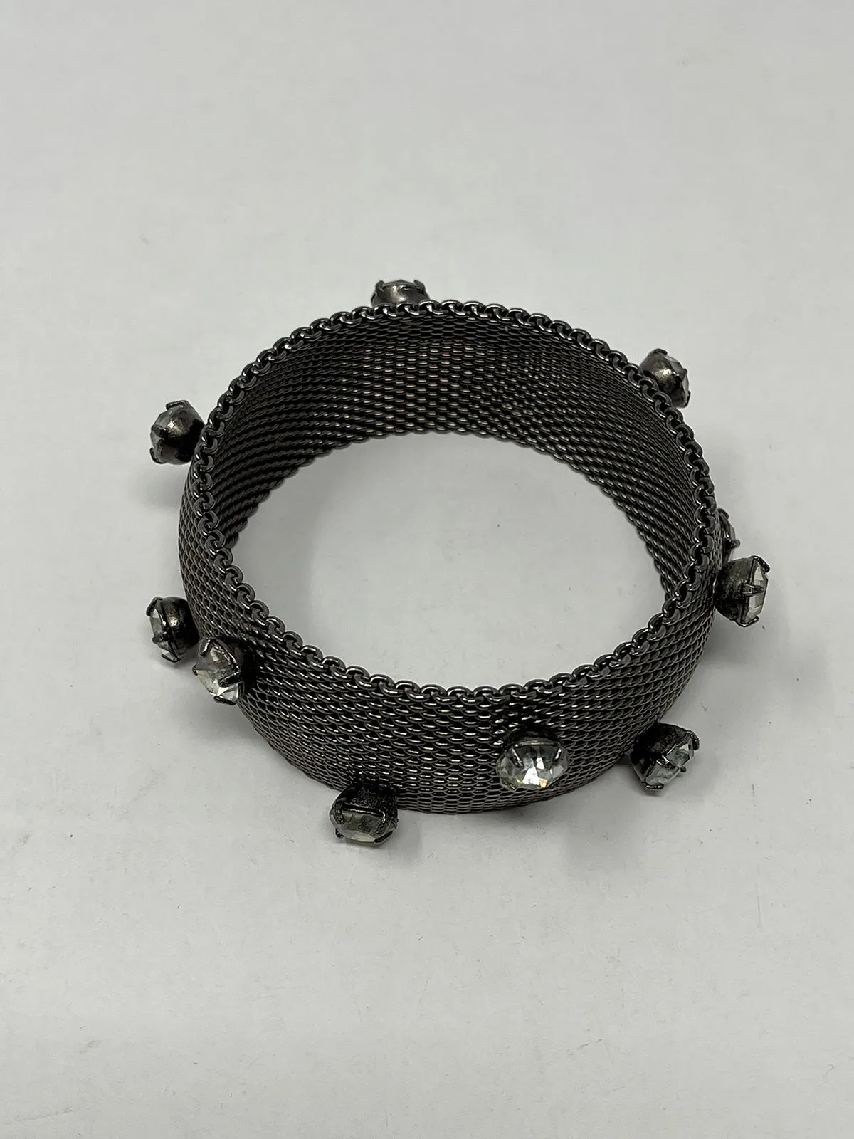 Pewter & Clear Metal Mesh Rhinestone Bangle Bracelet