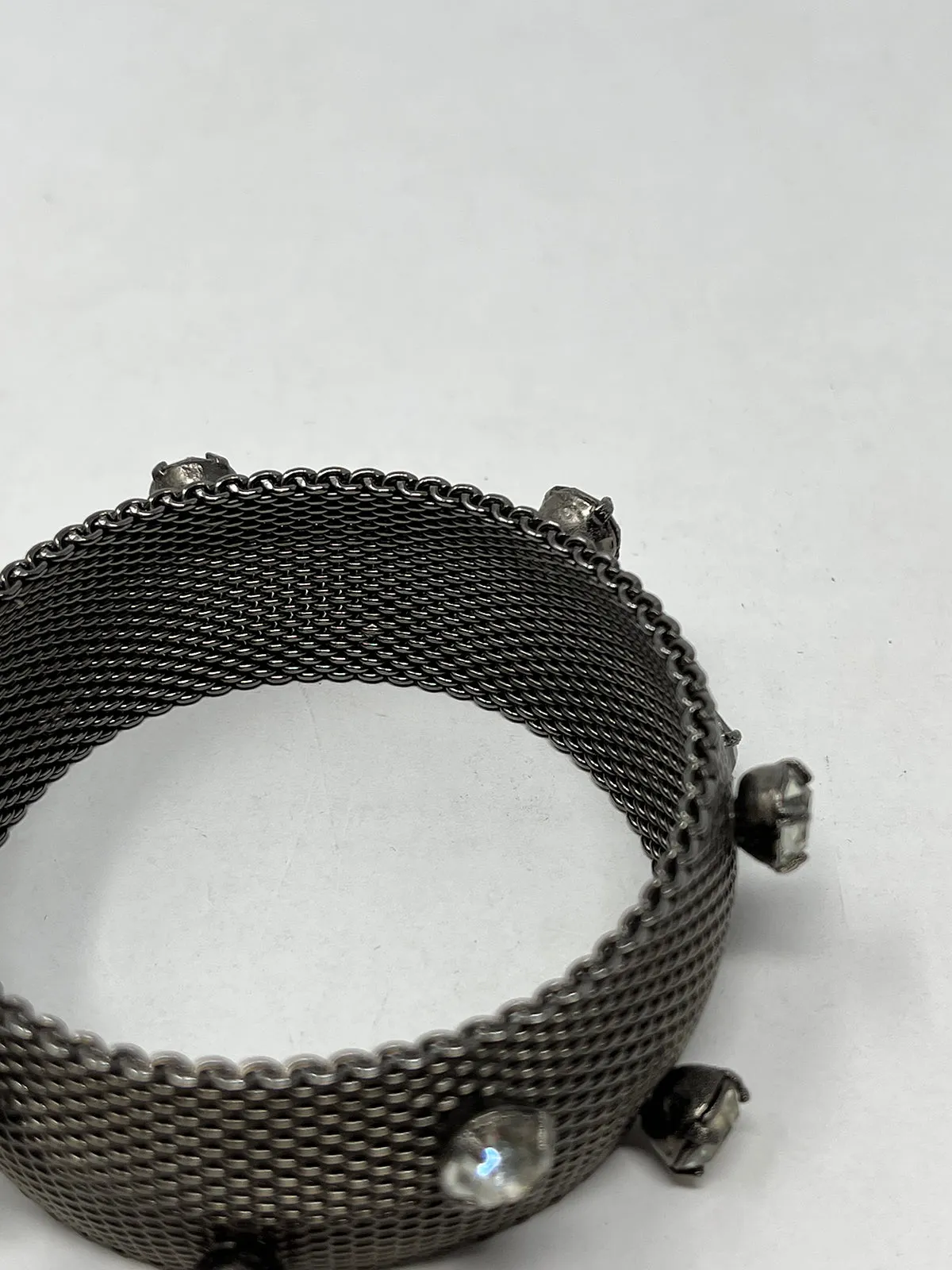 Pewter & Clear Metal Mesh Rhinestone Bangle Bracelet