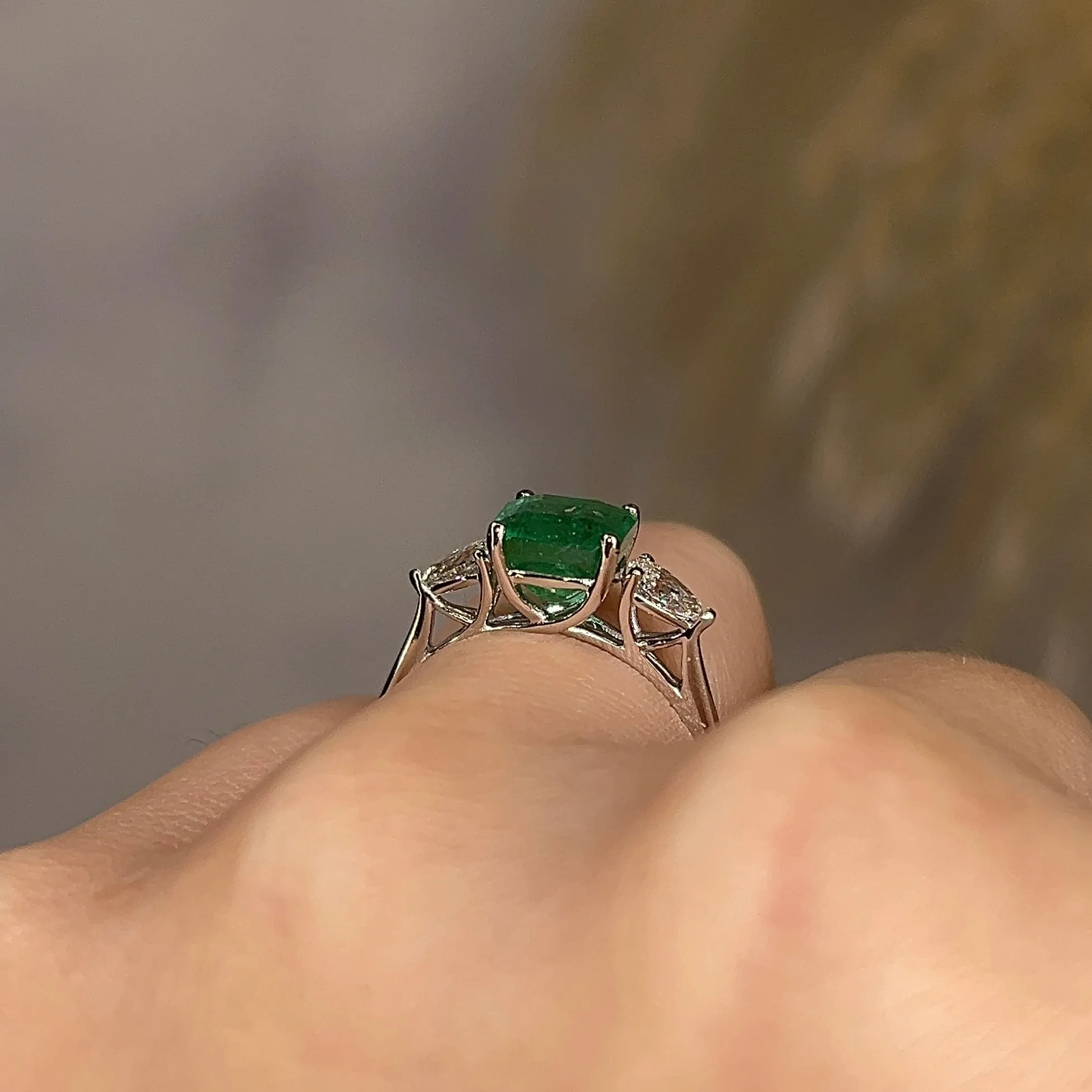 "Danica" Three Stone Trilogy 1.77 Carat Emerald Gem Octagon Centre Pear Shoulders Ring