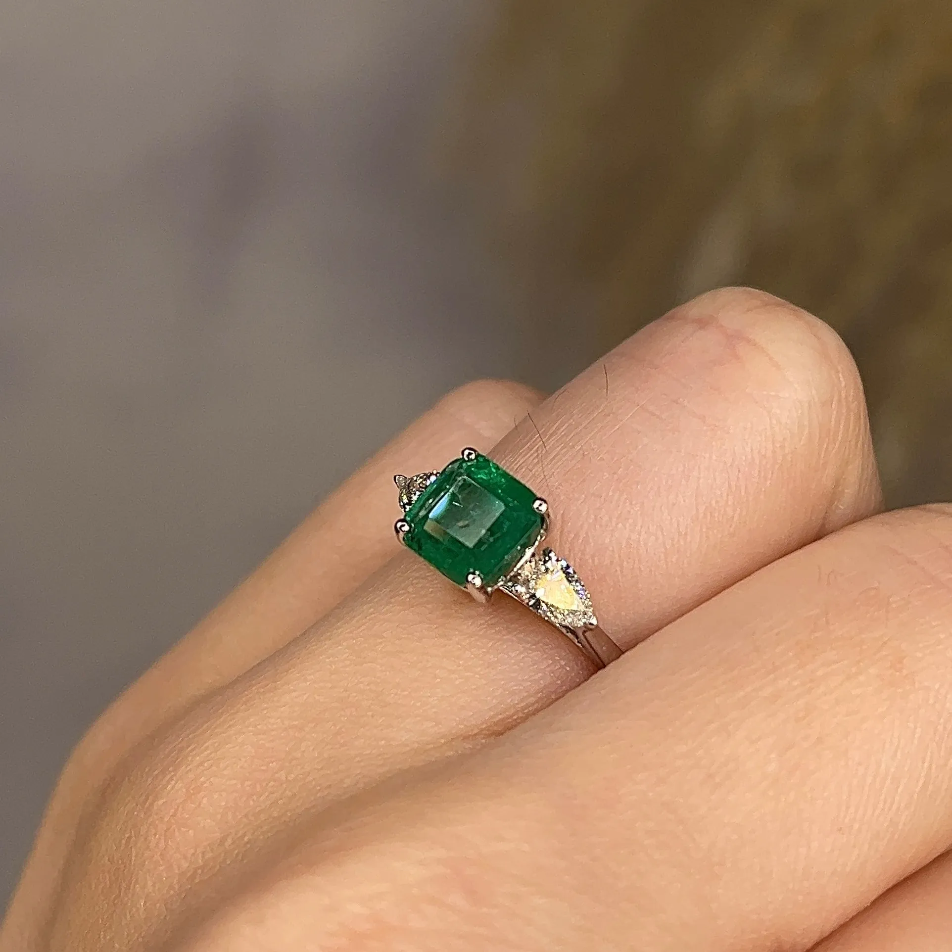 "Danica" Three Stone Trilogy 1.77 Carat Emerald Gem Octagon Centre Pear Shoulders Ring