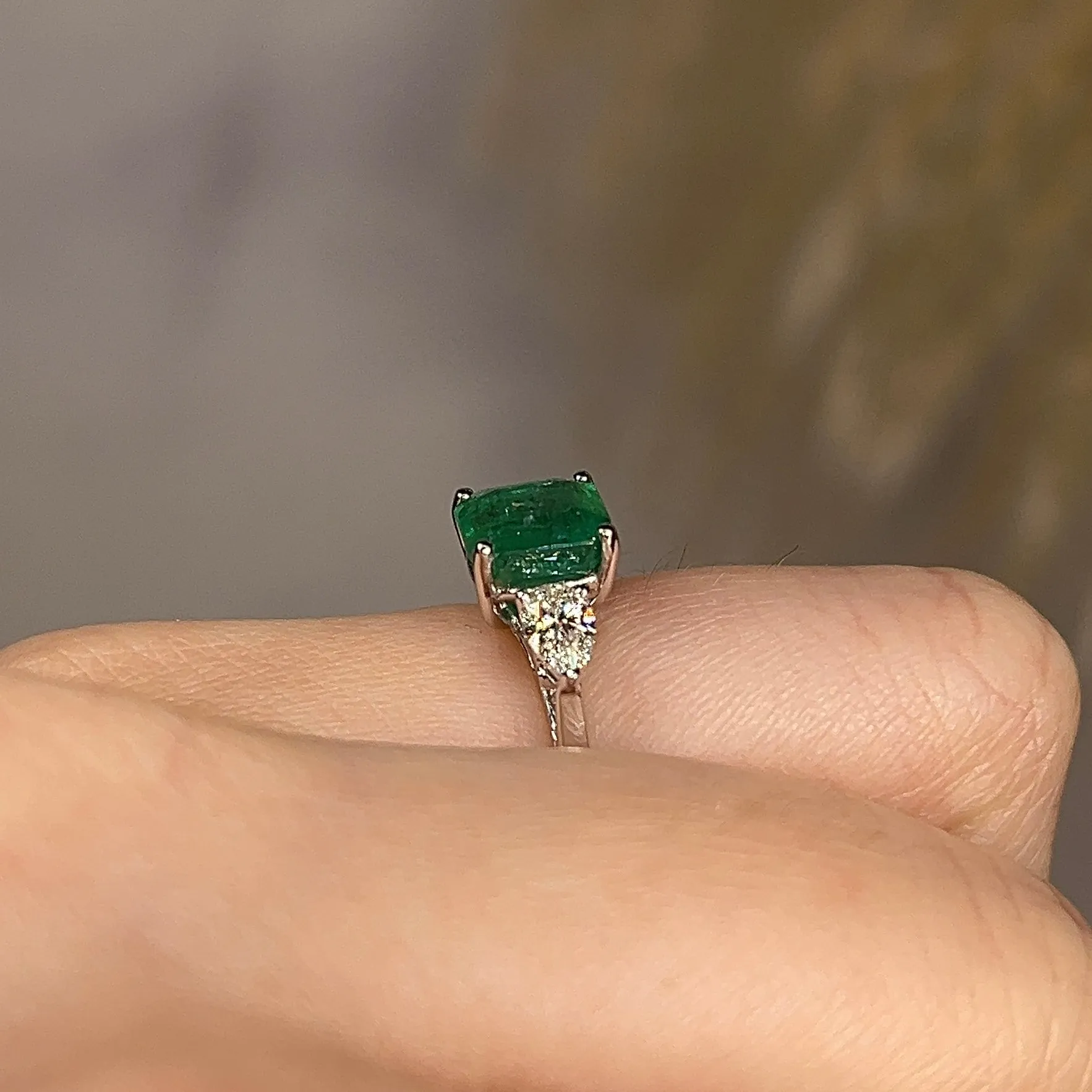 "Danica" Three Stone Trilogy 1.77 Carat Emerald Gem Octagon Centre Pear Shoulders Ring