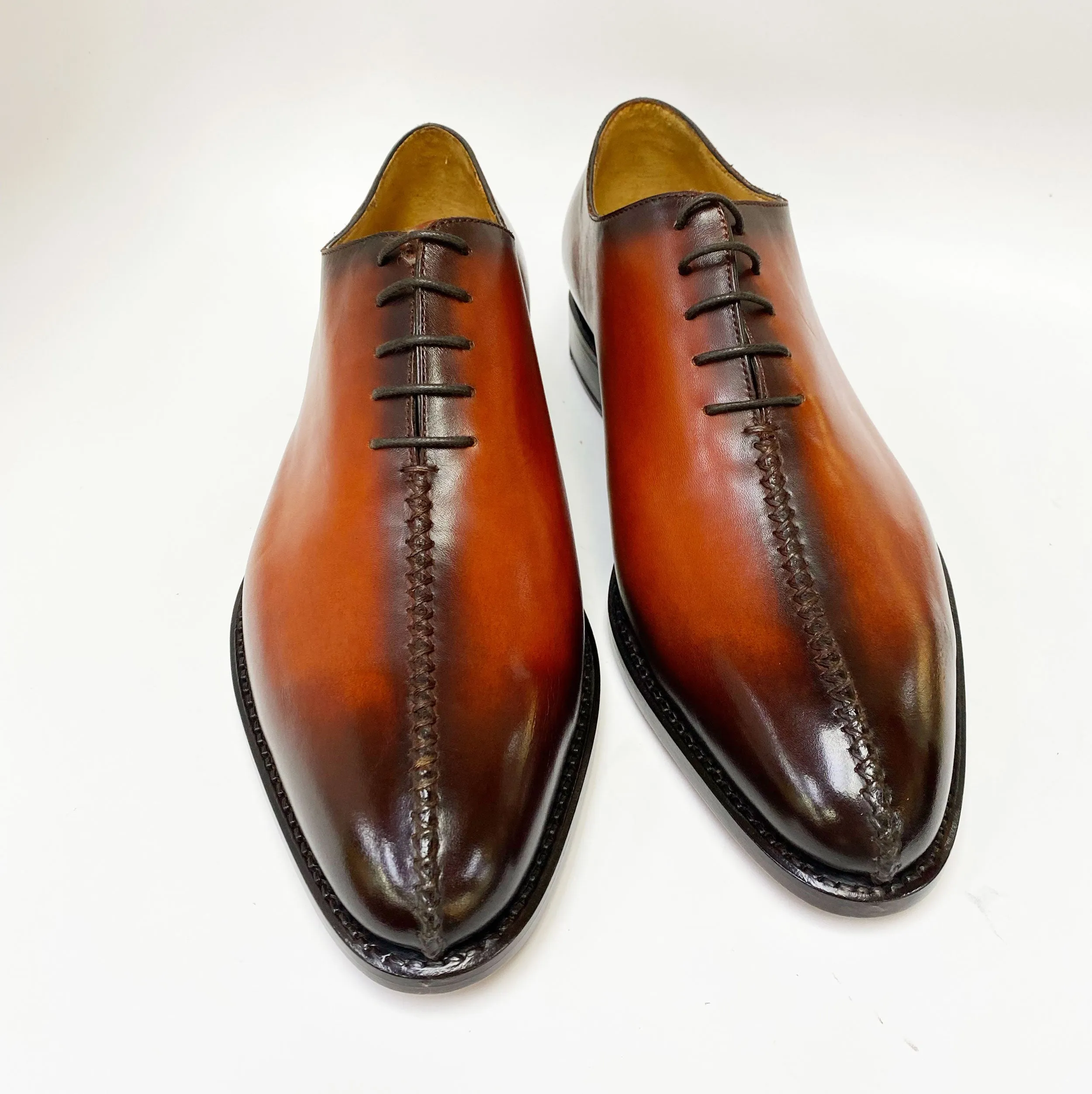 "Derrick" Burnished Calfskin Lace-Up Oxford Camel