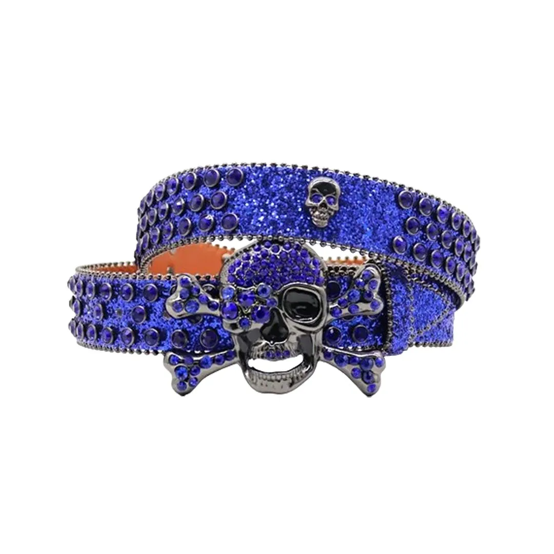 Rhinestone Metal Skull Buckle Blue Strap With Blue Studded Belt