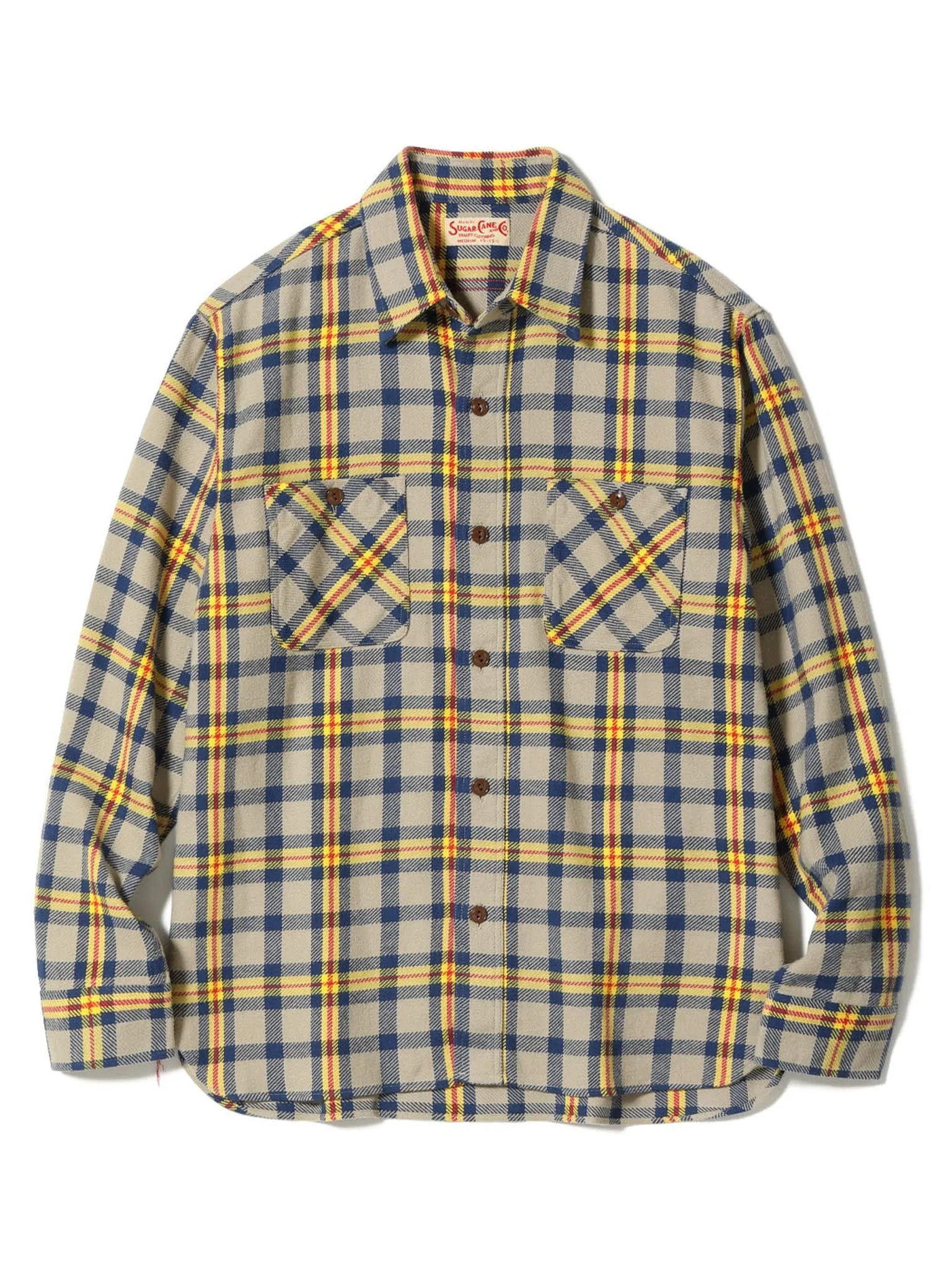 Sugar Cane, Twill Check Work Shirt, Beige