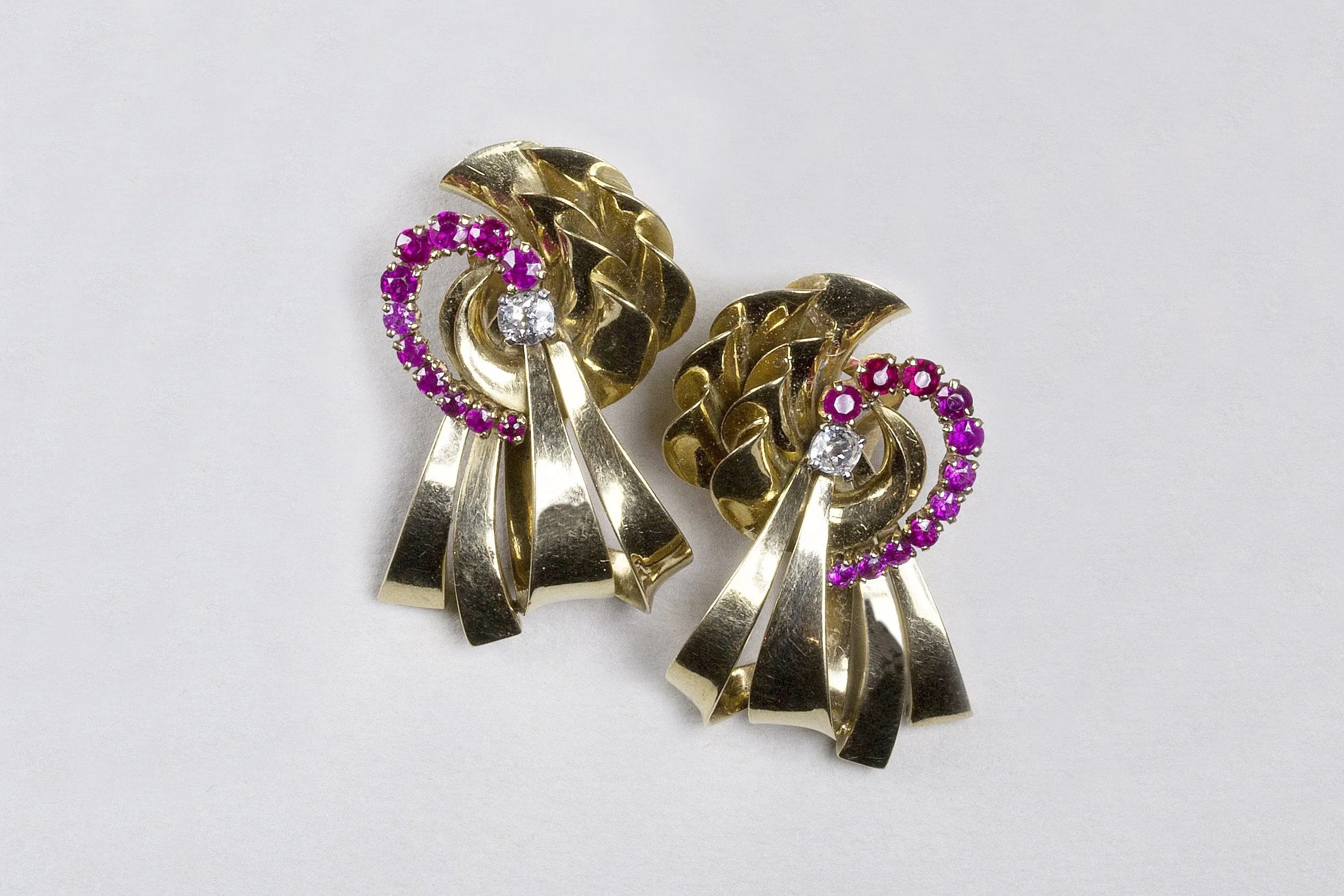 Vintage Gold Ribbon, Ruby and Diamond Earrings