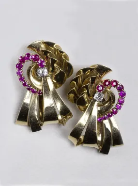 Vintage Gold Ribbon, Ruby and Diamond Earrings